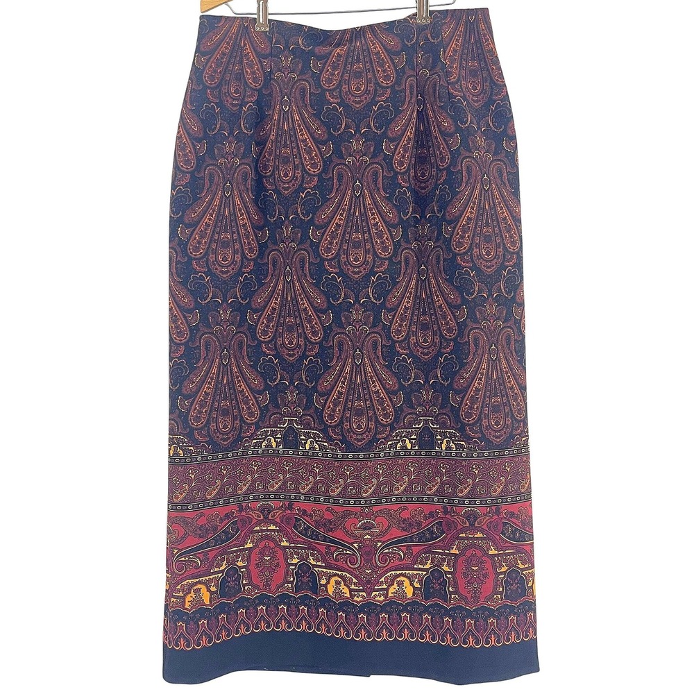 Vintage Paisley Midi Skirt Womens 14 High Waist Boho Fall Academic Dark Floral